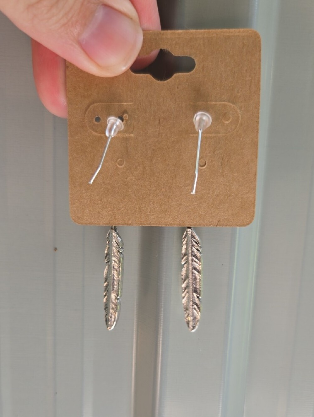 Silver Feather Drop Earrings with Iridescent Stones - Picture 2 of 3